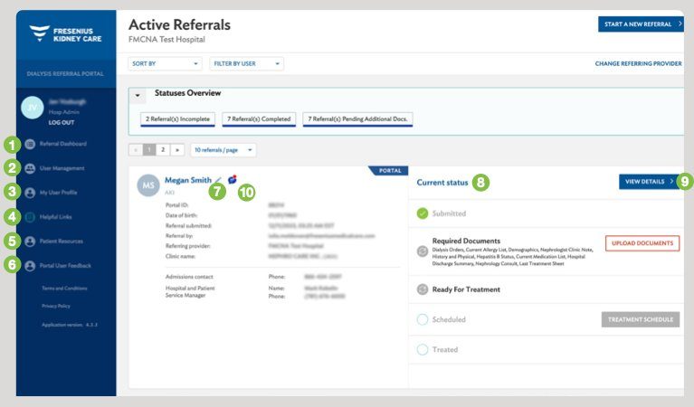Fresenius Kidney Care , Dialysis Referral Portal showing active referral management, document upload, and patient status tracking