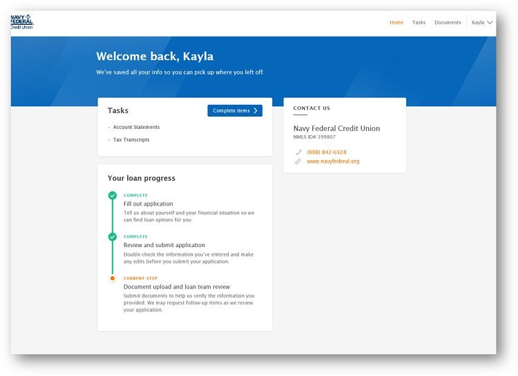 Navy Federal Credit Union mortgage loan portal showing loan progress tracker and application steps