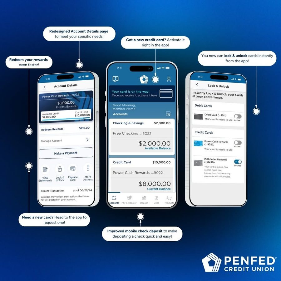 PenFed Credit Union mobile banking app , redesigned account details, card management, and mobile deposit screens